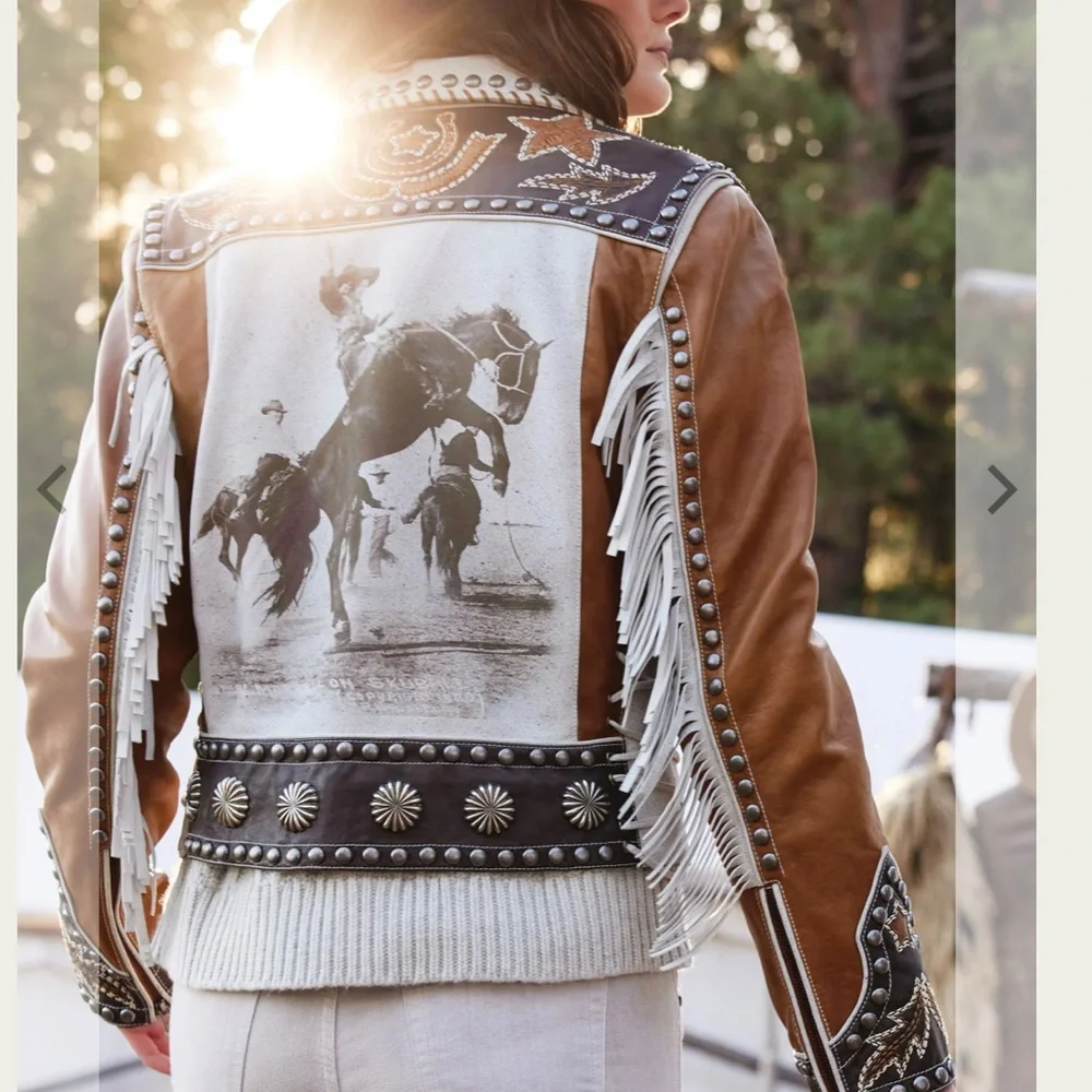 Double D Ranch Leather fringe Jacket studded bucking horse cowgirl RTL $1395 NWT - Picture 12 of 15